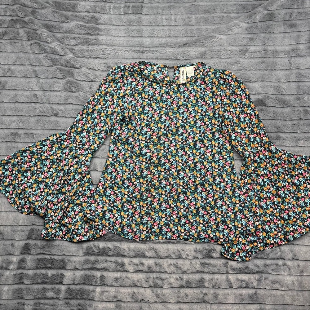 Mimi Chica Floral Bell Sleeve Blouse Black Multi Color Crew Neck Top TG1113Q S